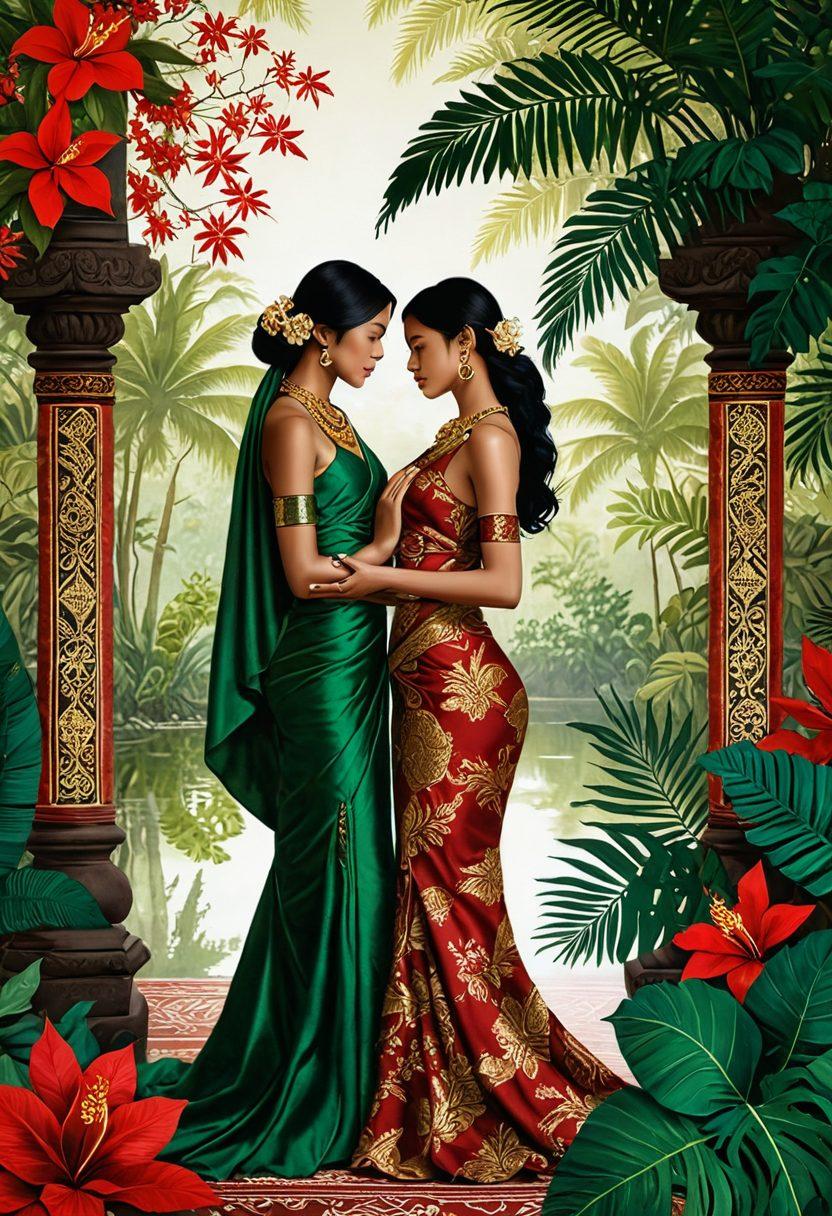A vibrant exploration of Indonesian culture blending traditional motifs and sensual imagery, featuring intricate batik patterns intertwined with soft, flowing silhouettes of figures engaged in intimate moments. The background includes lush tropical landscapes and cultural symbols, creating an atmosphere of allure and mystery. The overall color palette is warm and inviting, with rich reds, deep greens, and gold accents. super-realistic. vibrant colors. ethnic patterns.