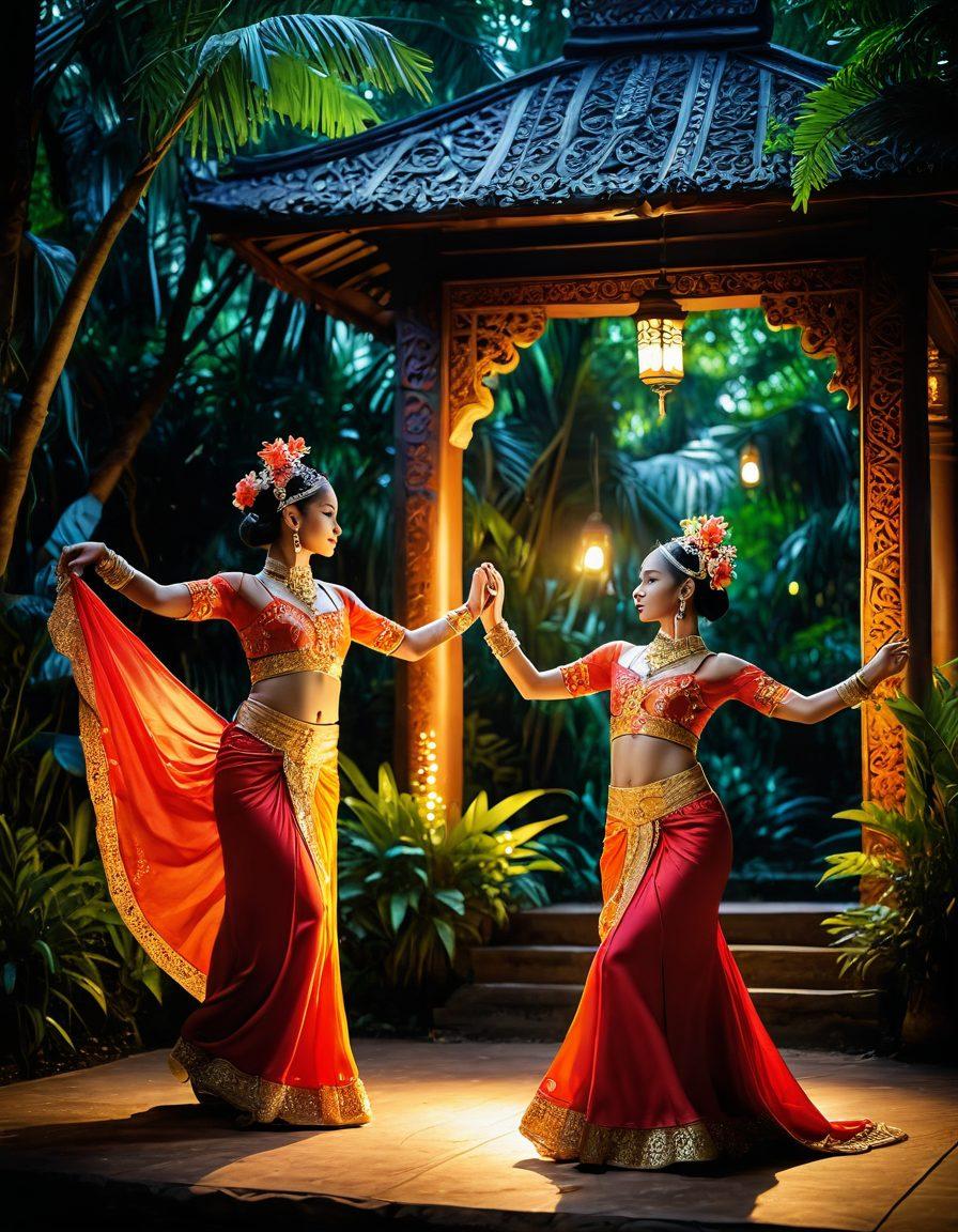 A sultry and exotic scene showcasing the rich culture of Indonesia, featuring traditional dancers in vibrant costumes, surrounded by lush tropical plants and delicate lacework. Emphasize a warm, inviting atmosphere, with elements of mystique and allure, such as shimmering candlelight and ornate textiles. Include subtle hints of adult entertainment, while maintaining an artistic and tasteful approach. vibrant colors. painting. atmospheric.